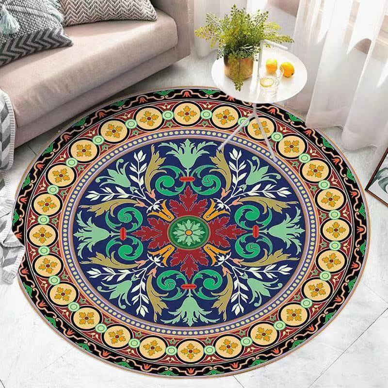 Retro Ethnic Style Round Rug Polyester Rug Stain Resistant Rug for Living Room Bedroom