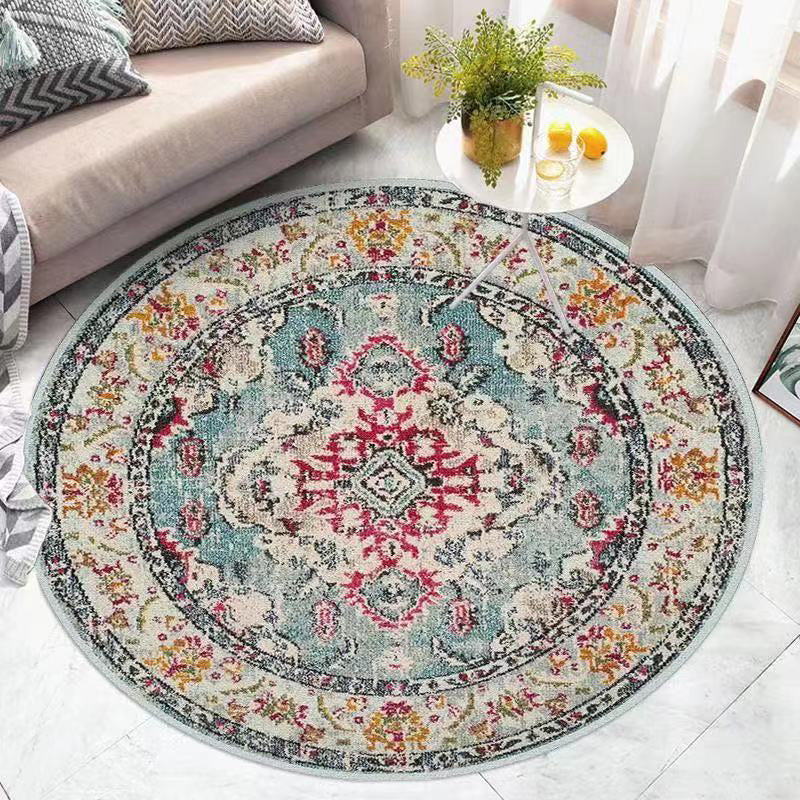 Retro Ethnic Style Round Rug Polyester Rug Stain Resistant Rug for Living Room Bedroom