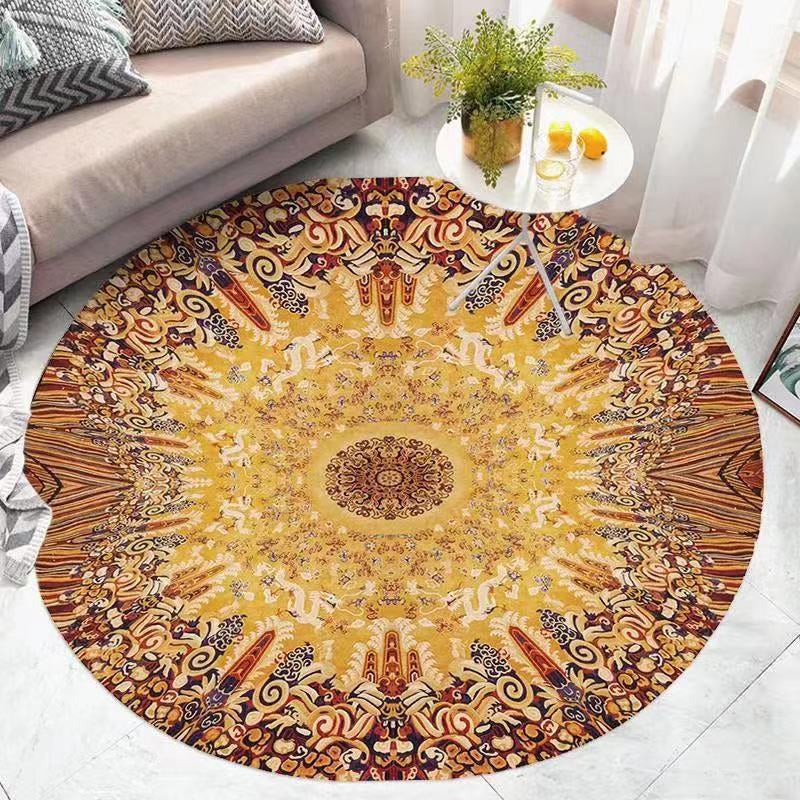 Retro Ethnic Style Round Rug Polyester Rug Stain Resistant Rug for Living Room Bedroom