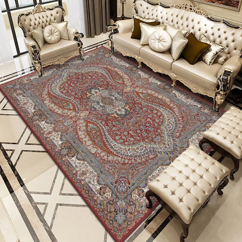 Alfombra de medallón rojo oscuro alfombra moderna alfombra lavable para sala de estar