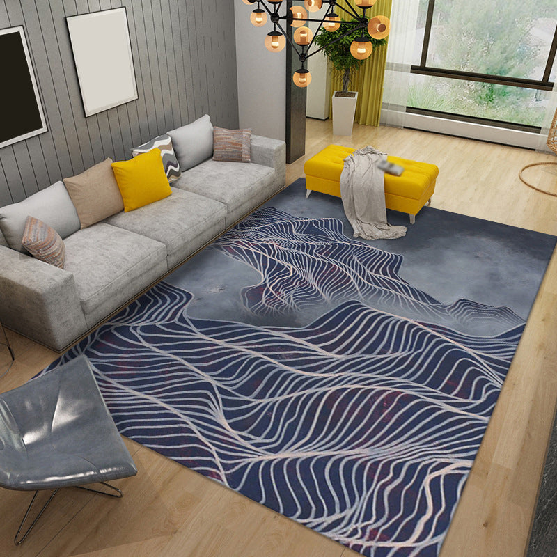 Black Modern Rug Polyester Irregular Line Rug Washable Rug for Drawing Room