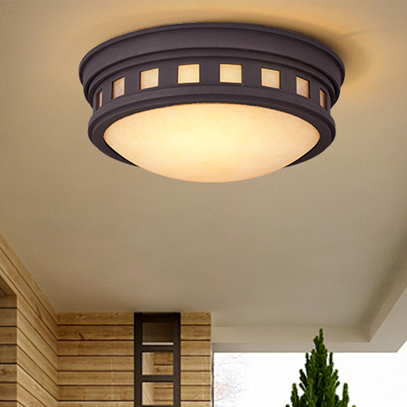 Drum Ceiling Flush Light Rustic Style Metal and Opal Glass Bronze/Gold Outdoor Flush Mount Light for Porch