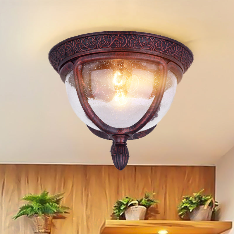 Copper Bowl Flush Lighting Vintage Seeded Glass 2 Bulbs Outdoor Flush Lighting for Balcony