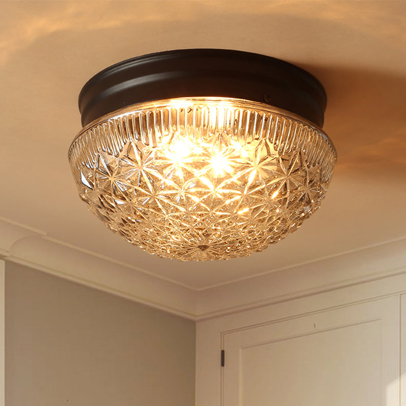 Clear Textured Glass Dome Flushmount Industrial 2 Bulbs Flush Ceiling Light in Matte Black