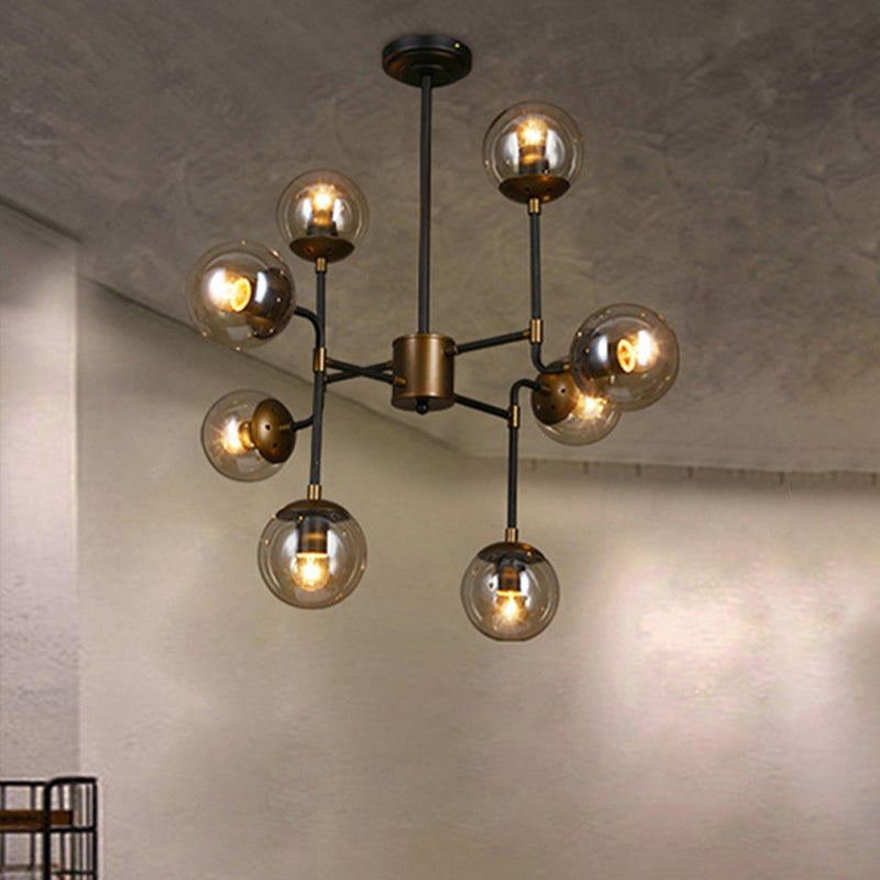 Black/Chrome/Clear Glass Globe Hanging Chandelier Industrial 8/9-Light Living Room Pendant Light
