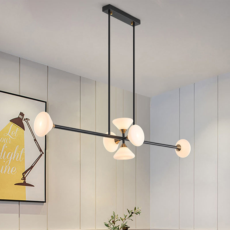 Modern 6/10-Head LED Island Pendant with White Glass Shade Black Linear Ceiling Light Fixture in Warm/White Light