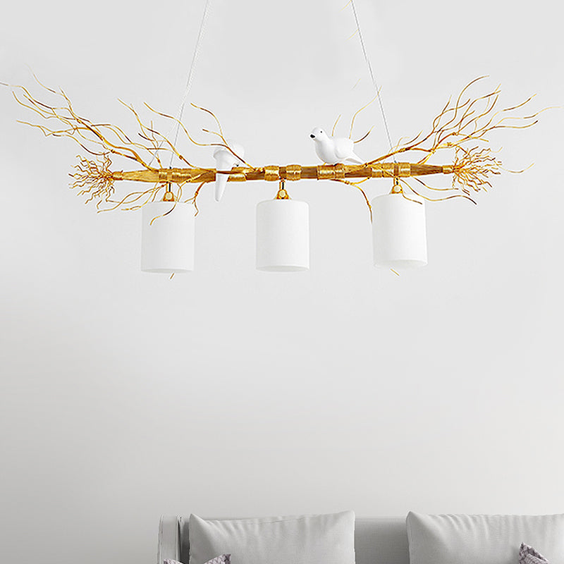 Cylinder Ceiling Island Pendant Modern 3-Head White Glass Hanging Light Fixture with Gold/Silver Branch