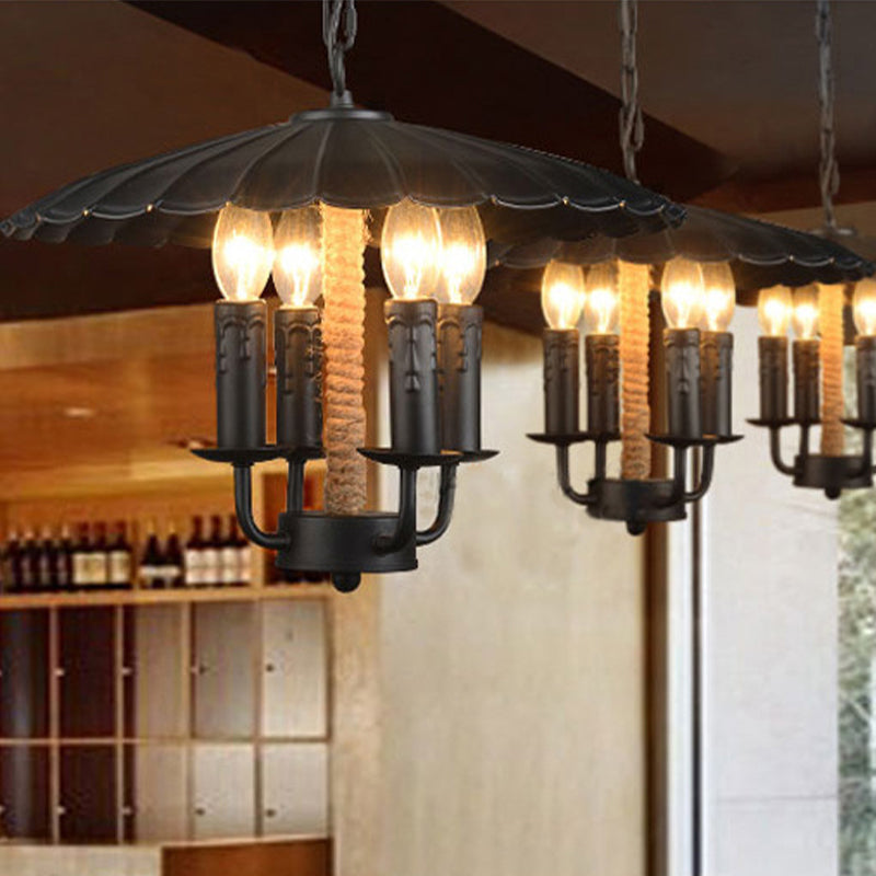 Wavy Pendant Light Retro Style Metal 4 Bulbs Candle Hanging Light in Black for Dining Room