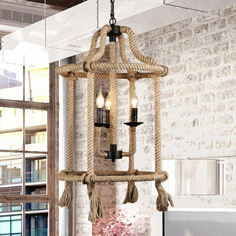 Brown Geometric Ceiling Light with Cage Shade Retro Style Hemp Rope 3 Lights Dining Room Chandelier Lighting