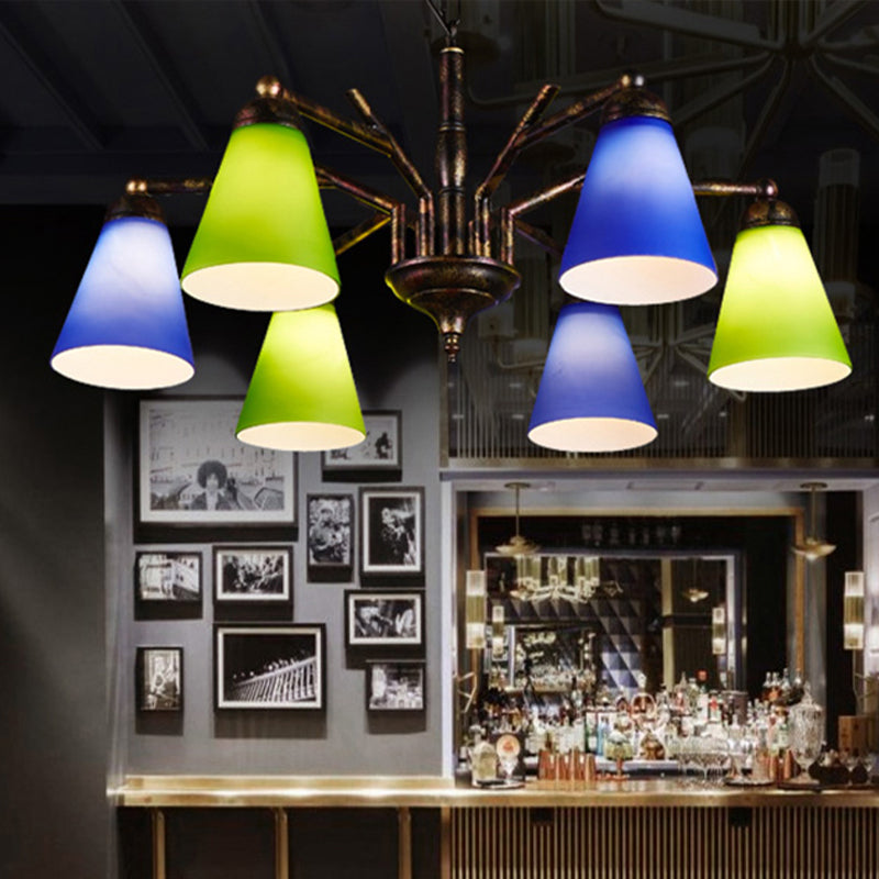 Rust Tapered Shade Chandelier 6 Lights Retro Metal Hanging Light for Restaurant