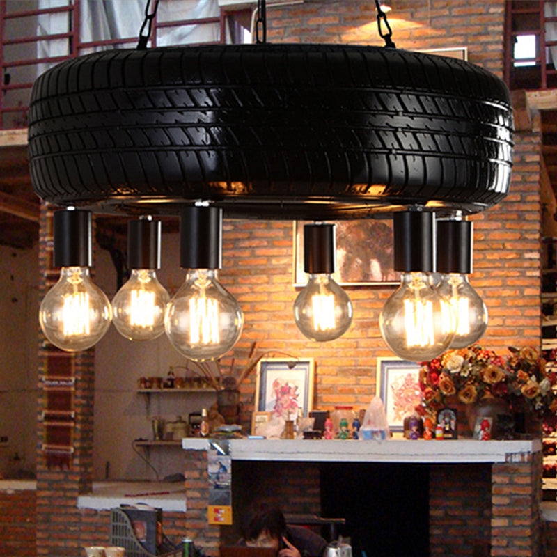Cafe Car Tire Pendant Lamp Rubber 6 Lights Vintage Stylish Chandelier in Black