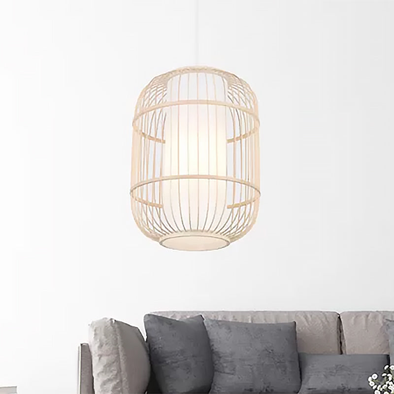 Asian Style Cylinder Shade Hanging Lamp Bamboo 1 Head Living Room Ceiling Fixture in Beige, 16"/19.5" W