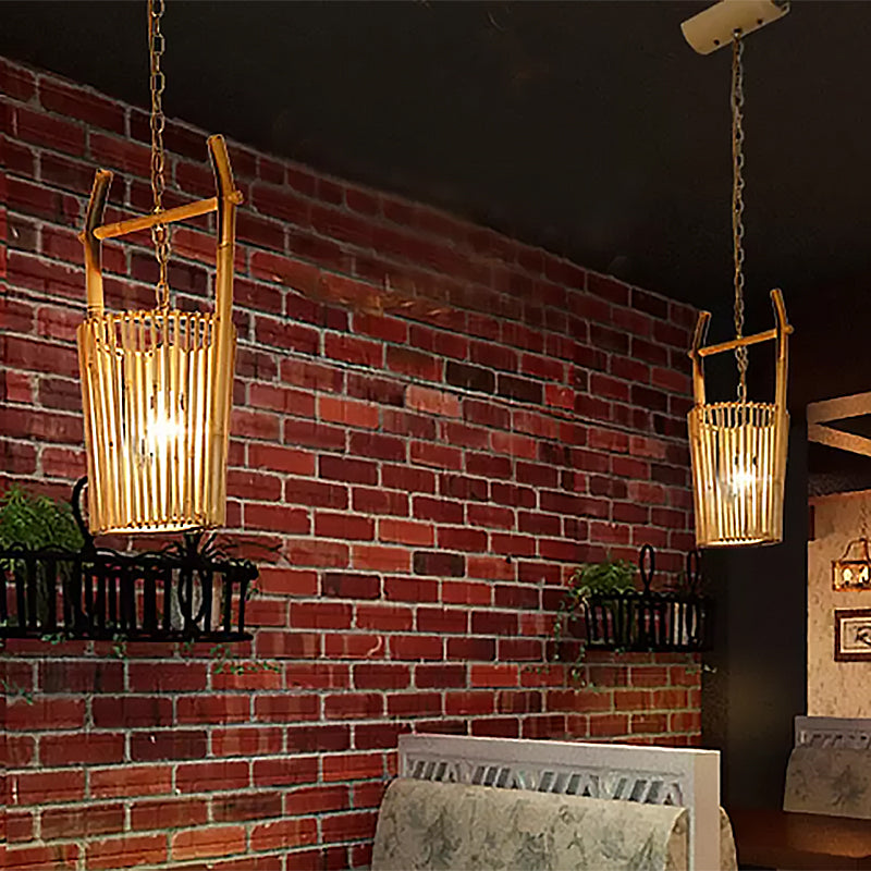 1 cabeza de restaurante iluminación colgante con cubo de tono de bambú lodoso lámpara de techo beige
