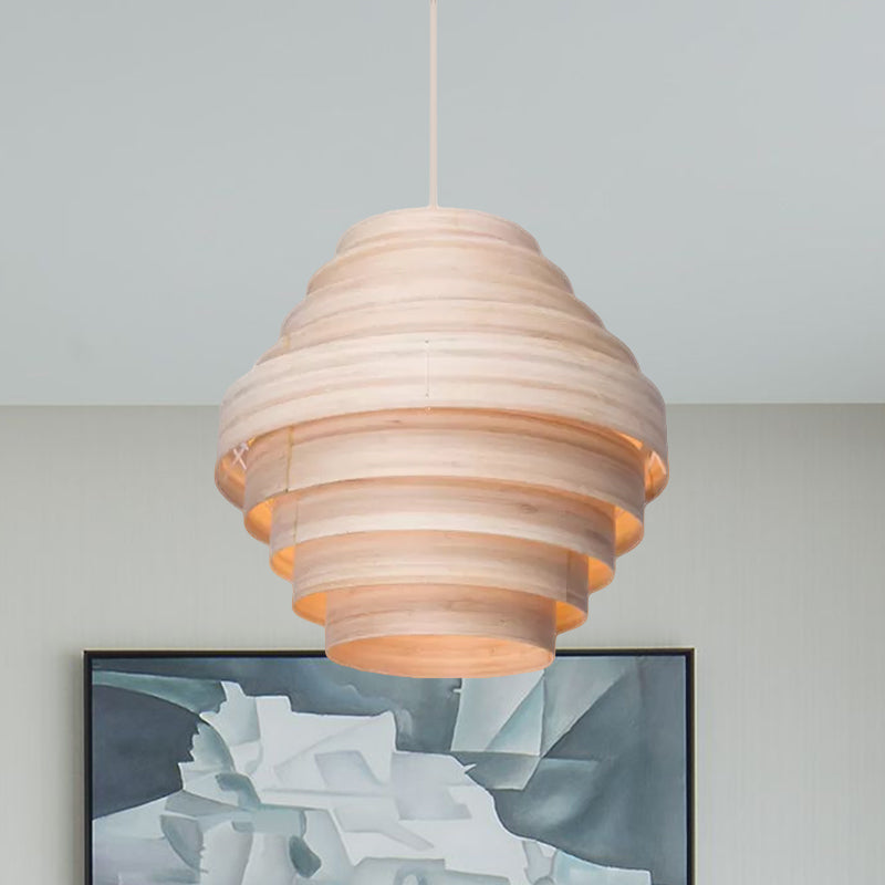 Modern Tiered Suspension Pendant Wooden 1-Light Living Room Hanging Ceiling Light in Natural Wood