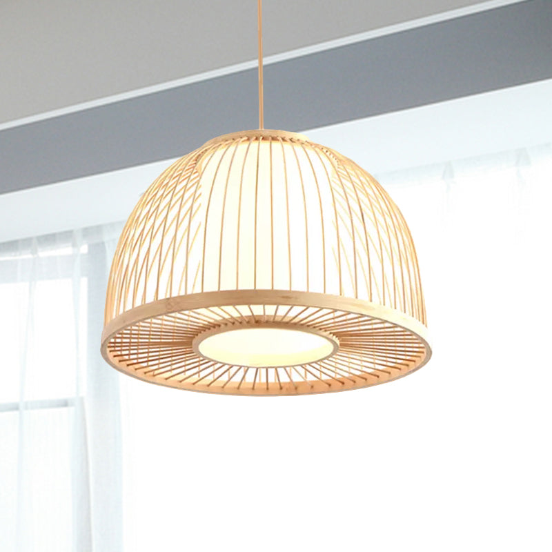 Modernism Domed Pendant Lamp Bamboo 1 Light Indoor Hanging Ceiling Light with Inner Cylinder Shade in Beige, 12"/14" W