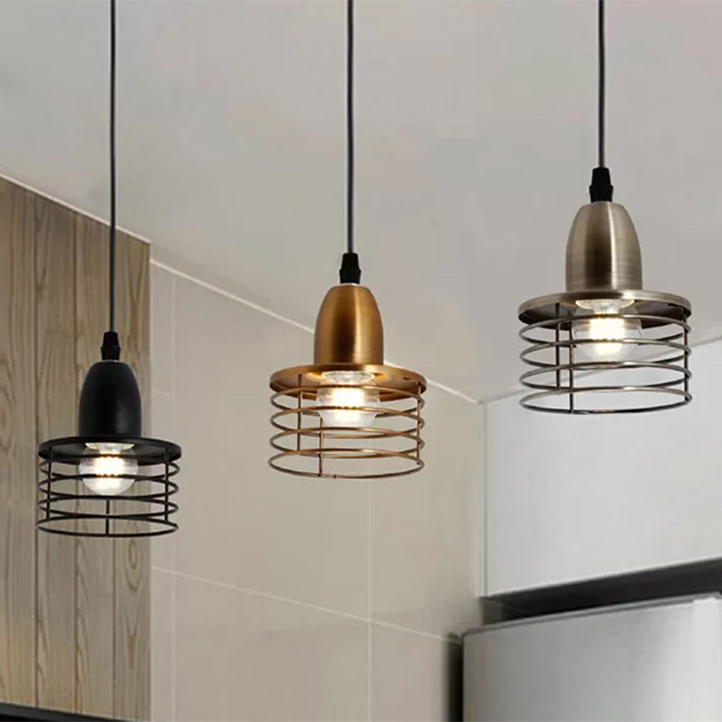 1 iluminación de colgante de tambor ligero con tono de jaula de alambre industrial retro negro/colgante de techo de metal de bronce para cocina