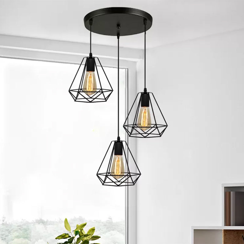 Metal Teardrop Cage Hanging Lighting Vintage Industrial 3 Lights Living Room Pendant Light in Black