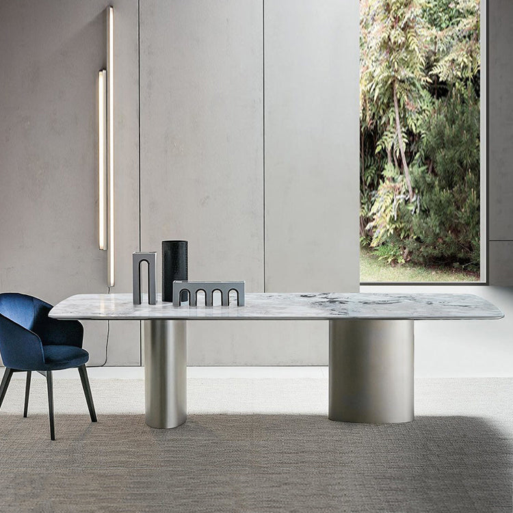 Mesa rectangular de lujo tradicional de metal, mesa superior de piedra sinterizada para comedor