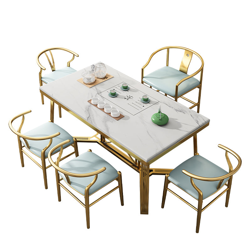 Mesa rectangular de lujo tradicional de metal, mesa superior de piedra sinterizada con base de caballete