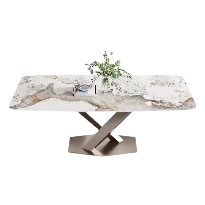 Mesa de lujo tradicional de acero inoxidable Mesa de piedra sinterizada con base de pedestal