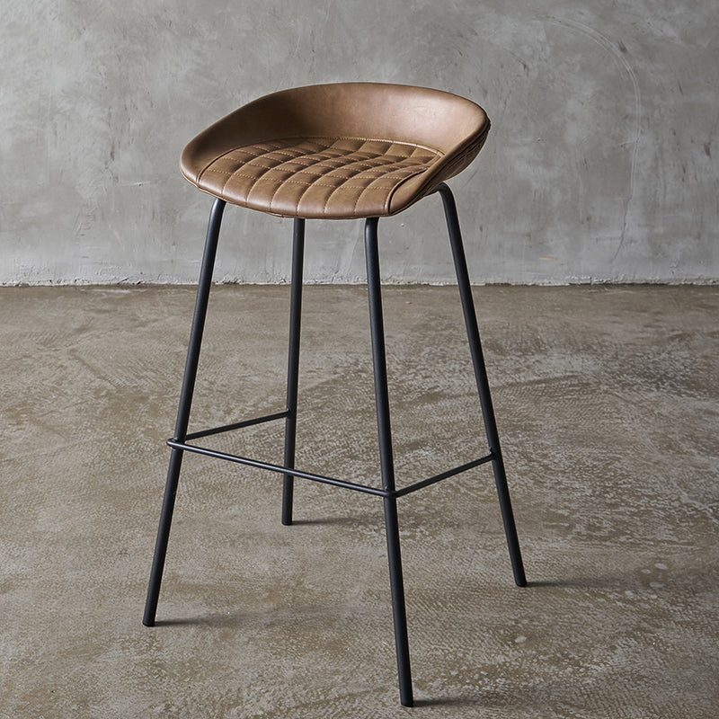 Industrial Indoor Barstool Iron Distressed Quilted Tall Stool with Leather Seat