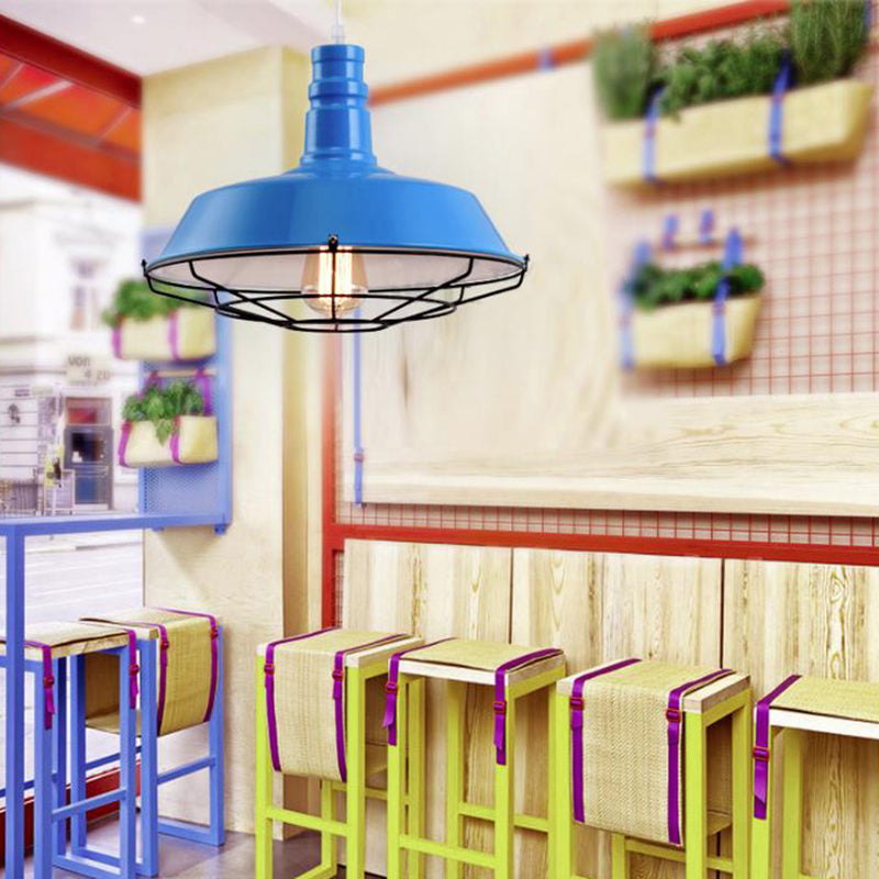 Orange/Blue/Green Bowl Hanging Light with Wire Guard Industrial Metal 1 Light Dining Room Pendant Light Fixture, 10"/14"/18" Dia