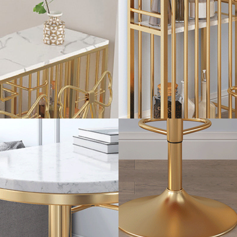 Glam White Faux Marble Pub Bar Table Iron Double Pedestal Bar Dining Table with 2-Shelf