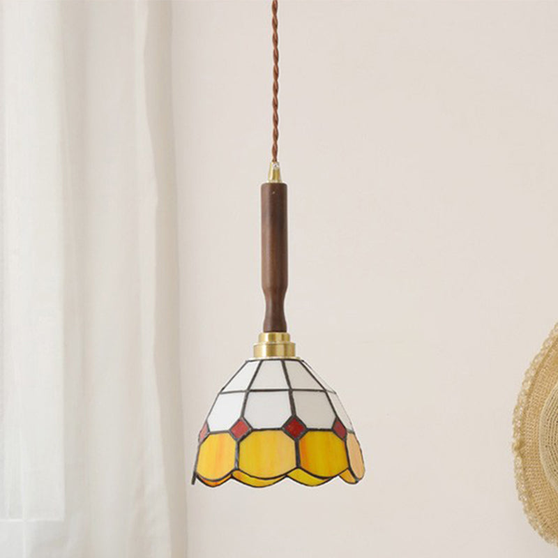 Tiffany-Style Handcrafted Pendant Light Stained Glass Cone Ceiling Hung Fixtures