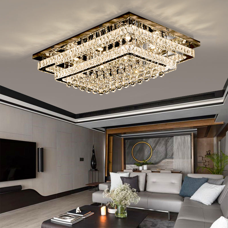 Silver Metal Flush Mount Light Fixtures Modern Square Bedroom Flush Ceiling Lamps with Crystal Shade