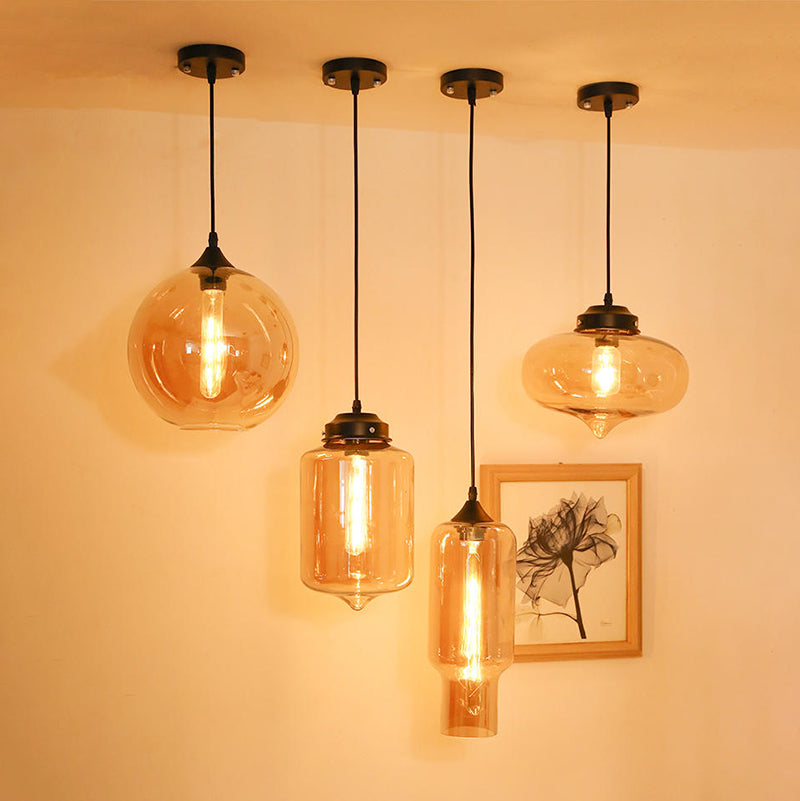 Amber Glass Pendant Lighting Geometric 1-Light Industrial Suspension Lamp