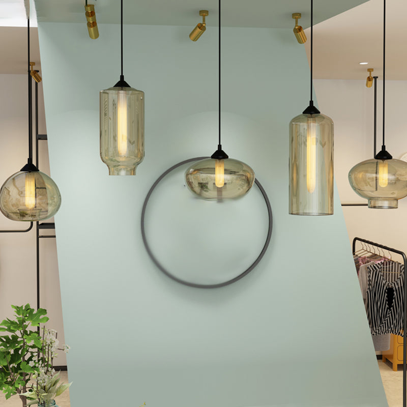 Amber Glass Pendant Lighting Geometric 1-Light Industrial Suspension Lamp