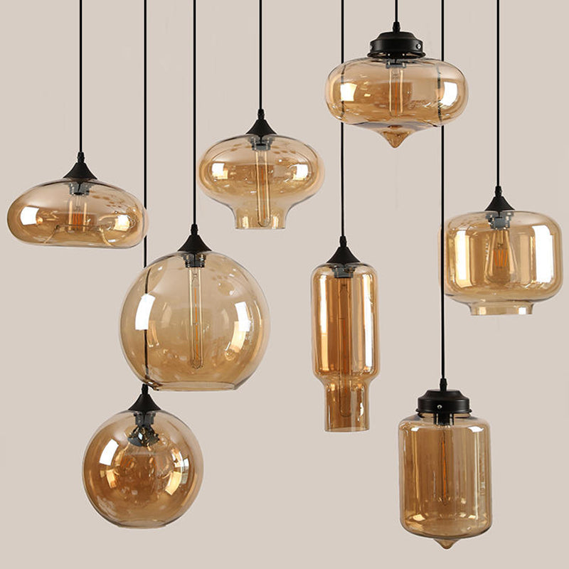 Amber Glass Pendant Lighting Geometric 1-Light Industrial Suspension Lamp