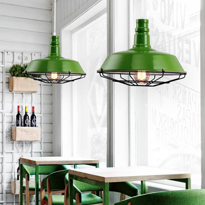Orange/Blue/Green Bowl Hanging Light with Wire Guard Industrial Metal 1 Light Dining Room Pendant Light Fixture, 10"/14"/18" Dia