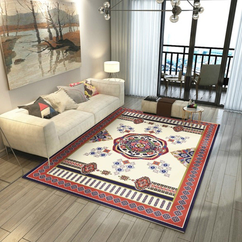 Orange Traditional Rug Polyester Flowers Rug Washable Rug for Living Room