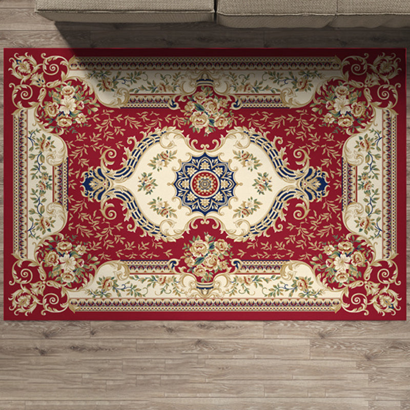 Wine Red Pattern Carpet Polyester Vintage Carpet Stain Resistant Carpet for Living Room
