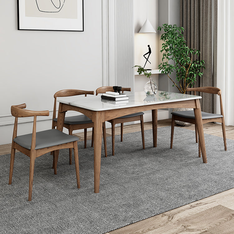 Medieval Modern Sintered Stone Table Kitchen Rectangle White Top Table with 4 Wood Legs