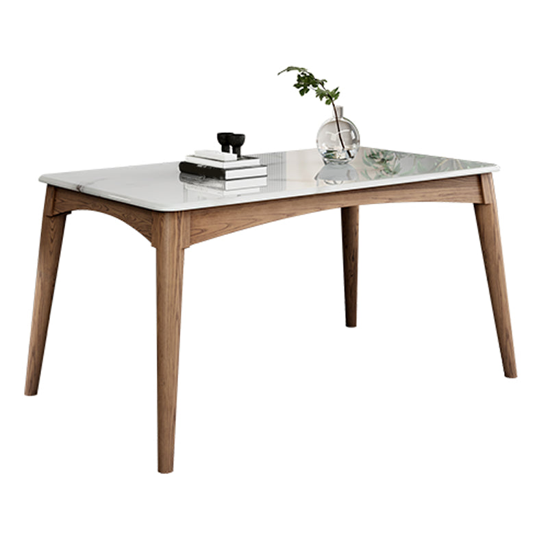 Medieval Modern Sintered Stone Table Kitchen Rectangle White Top Table with 4 Wood Legs