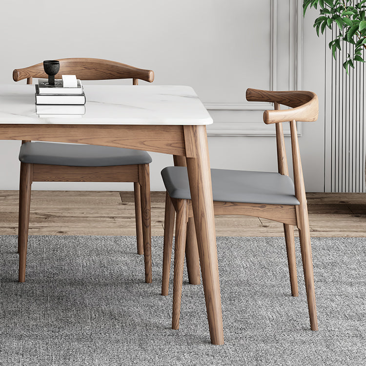 Medieval Modern Sintered Stone Table Kitchen Rectangle White Top Table with 4 Wood Legs