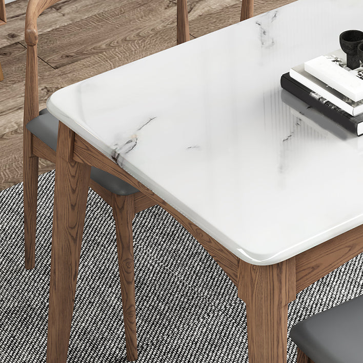 Medieval Modern Sintered Stone Table Kitchen Rectangle White Top Table with 4 Wood Legs