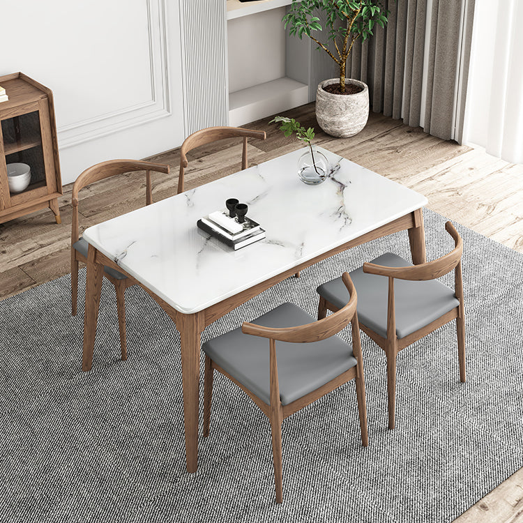 Medieval Modern Sintered Stone Table Kitchen Rectangle White Top Table with 4 Wood Legs