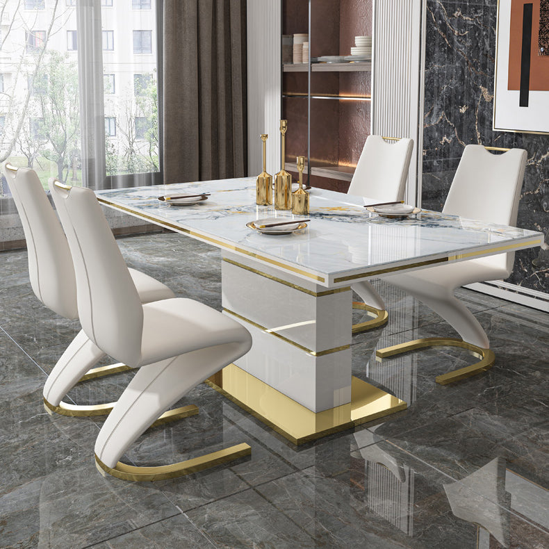 Luxury Sintered Stone Top Dining Table White Rectangle Table with Metal Pedestal Base