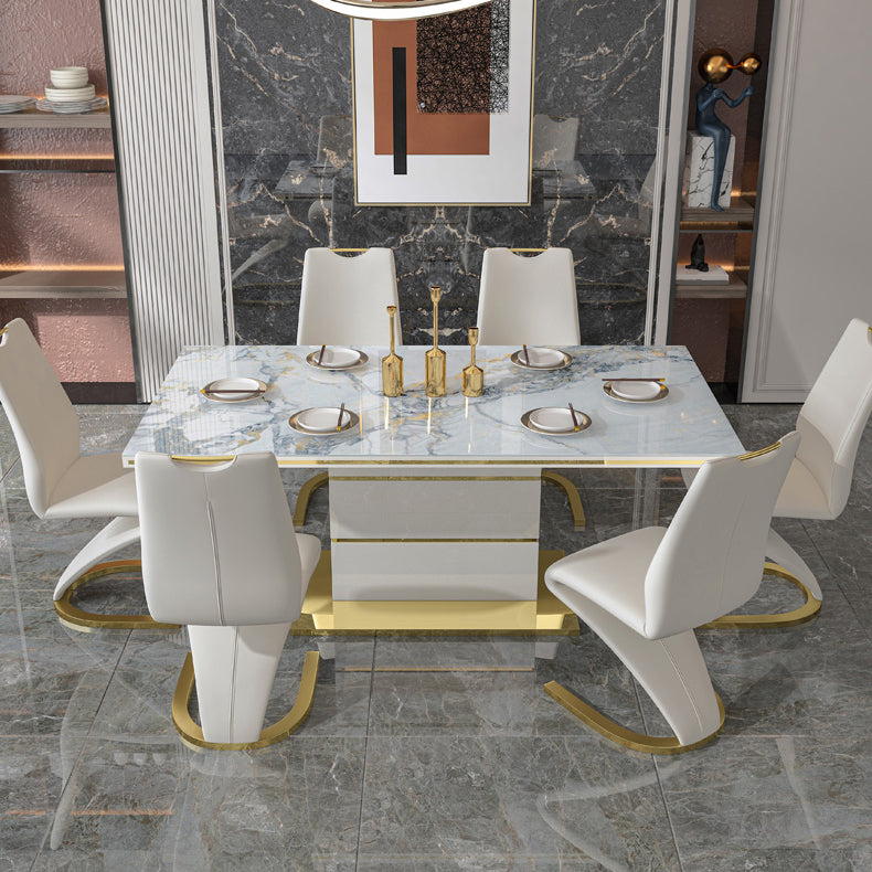 Luxury Sintered Stone Top Dining Table White Rectangle Table with Metal Pedestal Base