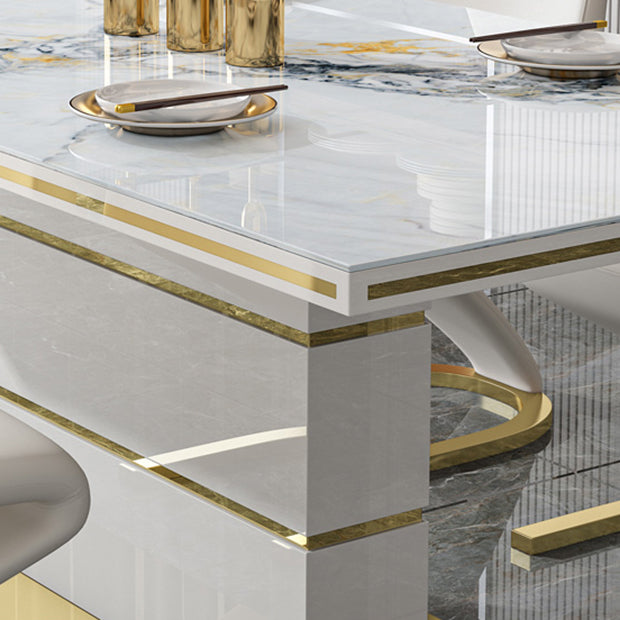 Luxury Sintered Stone Top Dining Table White Rectangle Table with Metal Pedestal Base