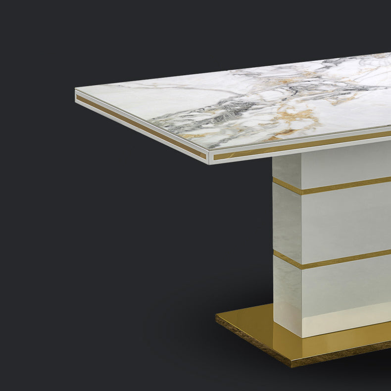 Luxury Sintered Stone Top Dining Table White Rectangle Table with Metal Pedestal Base