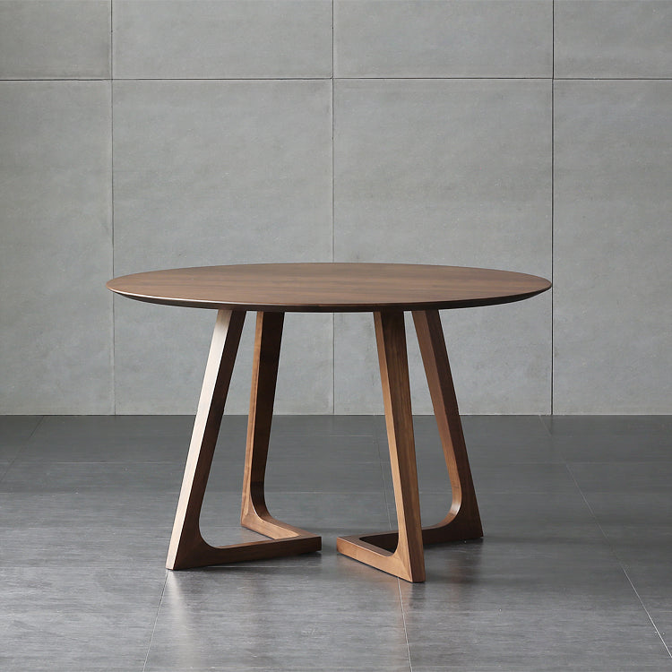 Round Casual Dining Table Brown Tone Fixed Table with Double Pedestal Base