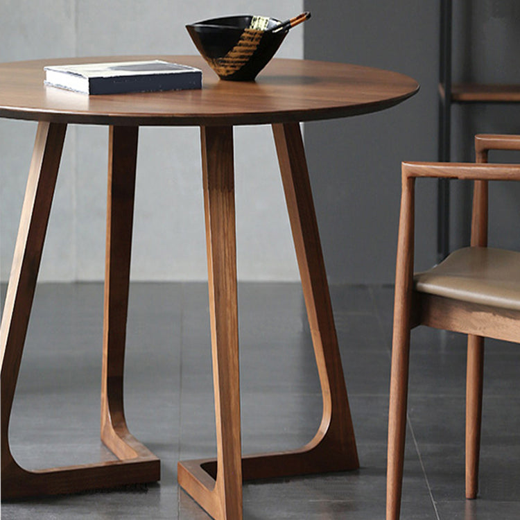 Round Casual Dining Table Brown Tone Fixed Table with Double Pedestal Base