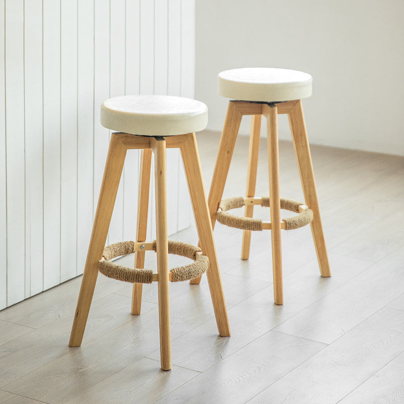 Modern Counter Bar Stool Armless Leather Bar Stool with Footrest and Swivel, Wood Base