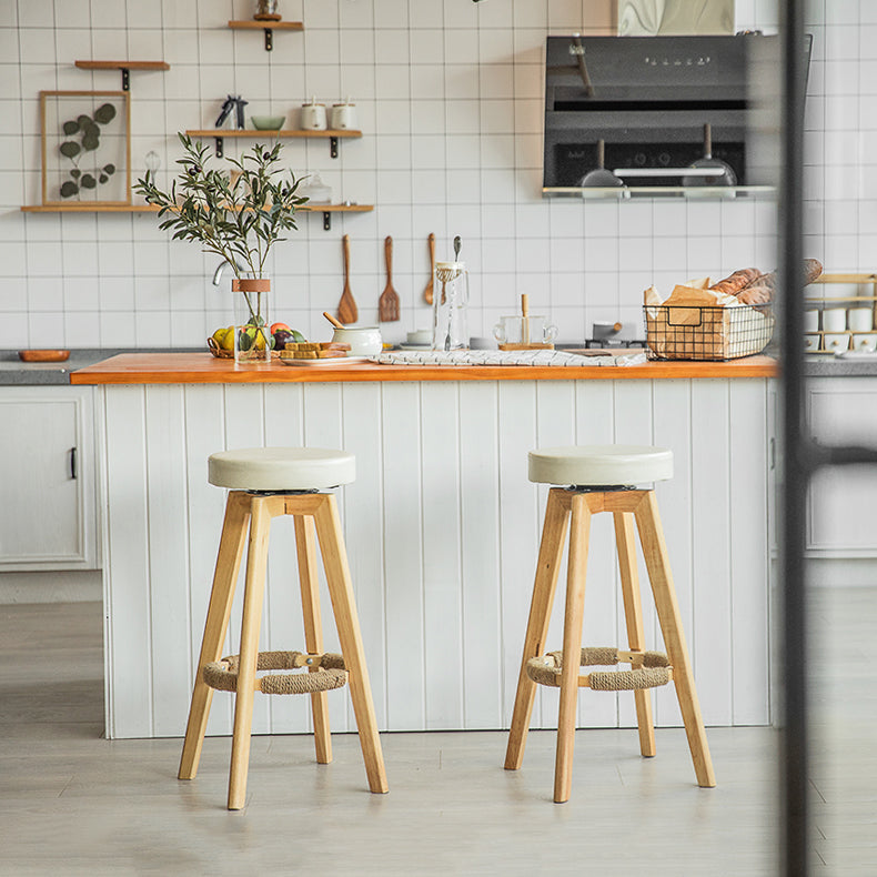 Modern Counter Bar Stool Armless Leather Bar Stool with Footrest and Swivel, Wood Base