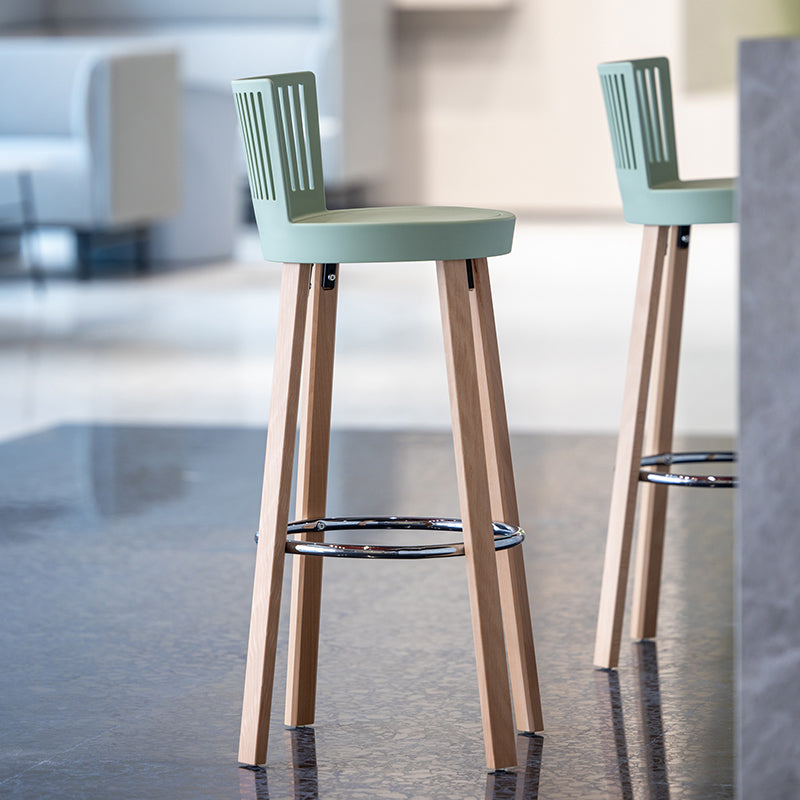 Taburete de bar contemporáneo, taburete de bar sin brazos de plástico con base de madera