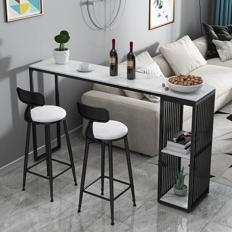 Glam Rectangle Faux Marble Bistro Table Iron Double Pedestal Bar Dining Table with 2-Shelf
